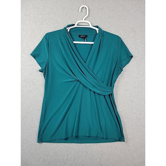 DKNY Teal Green Short Sleeve Ruched V Neck Stretch Career Blouse Womens Plus XXL - Picture 1 of 12
